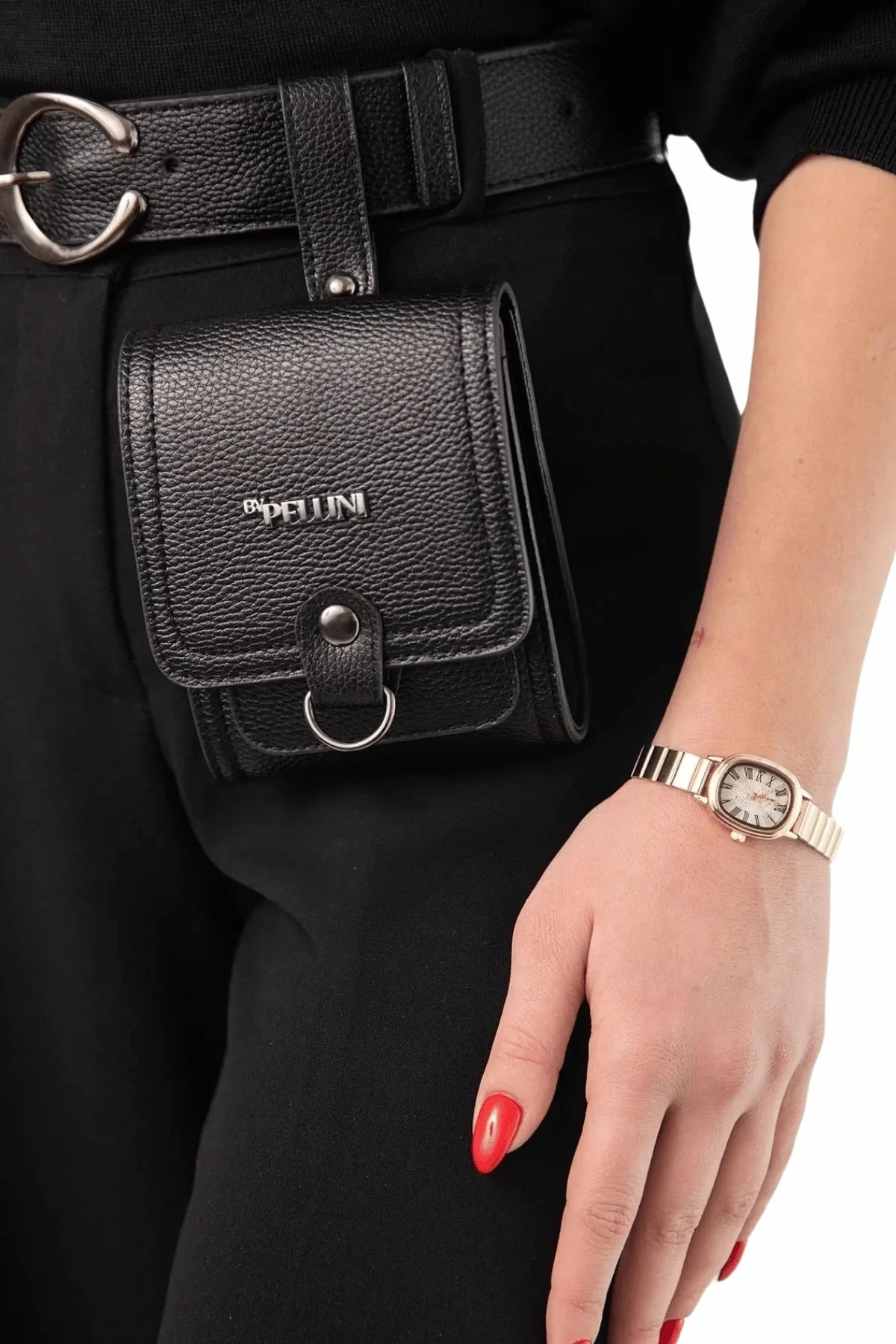 Kadın Suni Deri Kemerli Çanta Dokulu Siyah