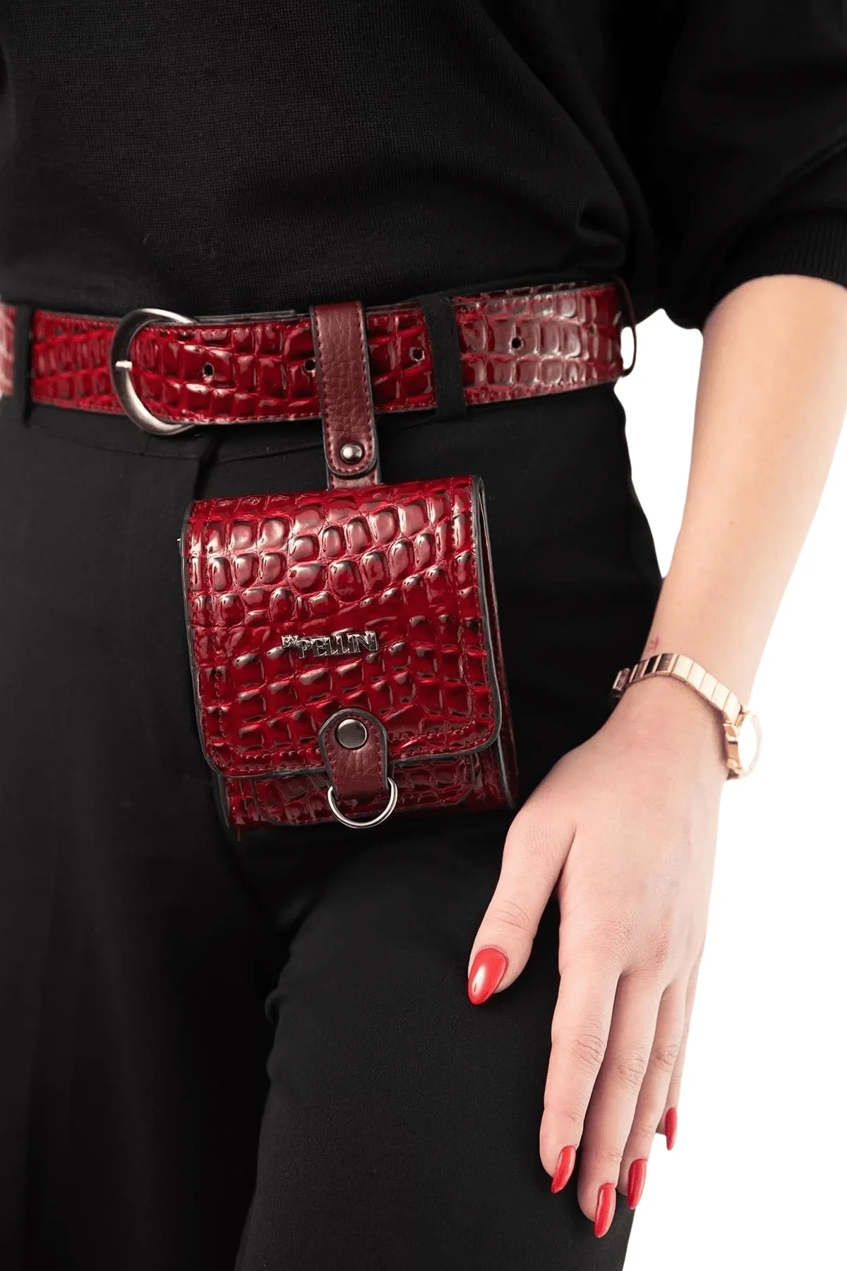 Kadın Suni Deri Kemerli Çanta Kırmızı Kabartma Croco Deri