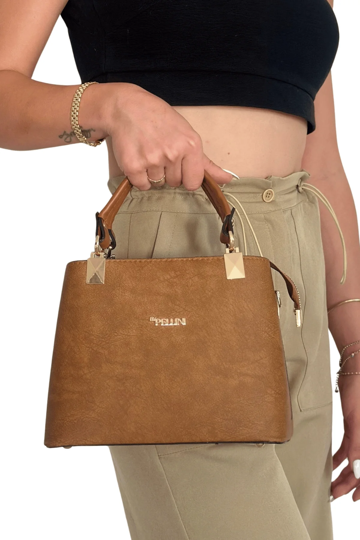 Kadın Suni Deri Mini El ve Omuz Çantası Toprak