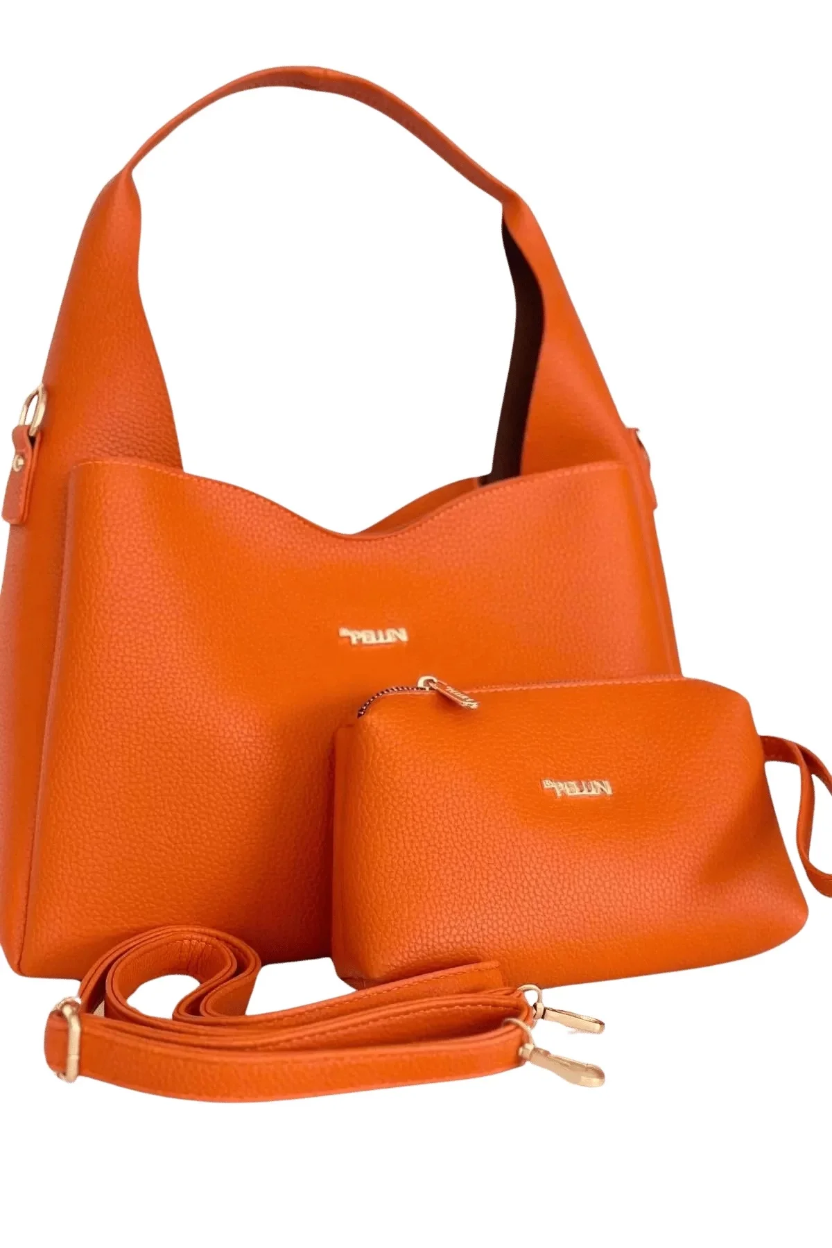 Kadın Suni Deri Omuz ve El Çantası Setli Turuncu