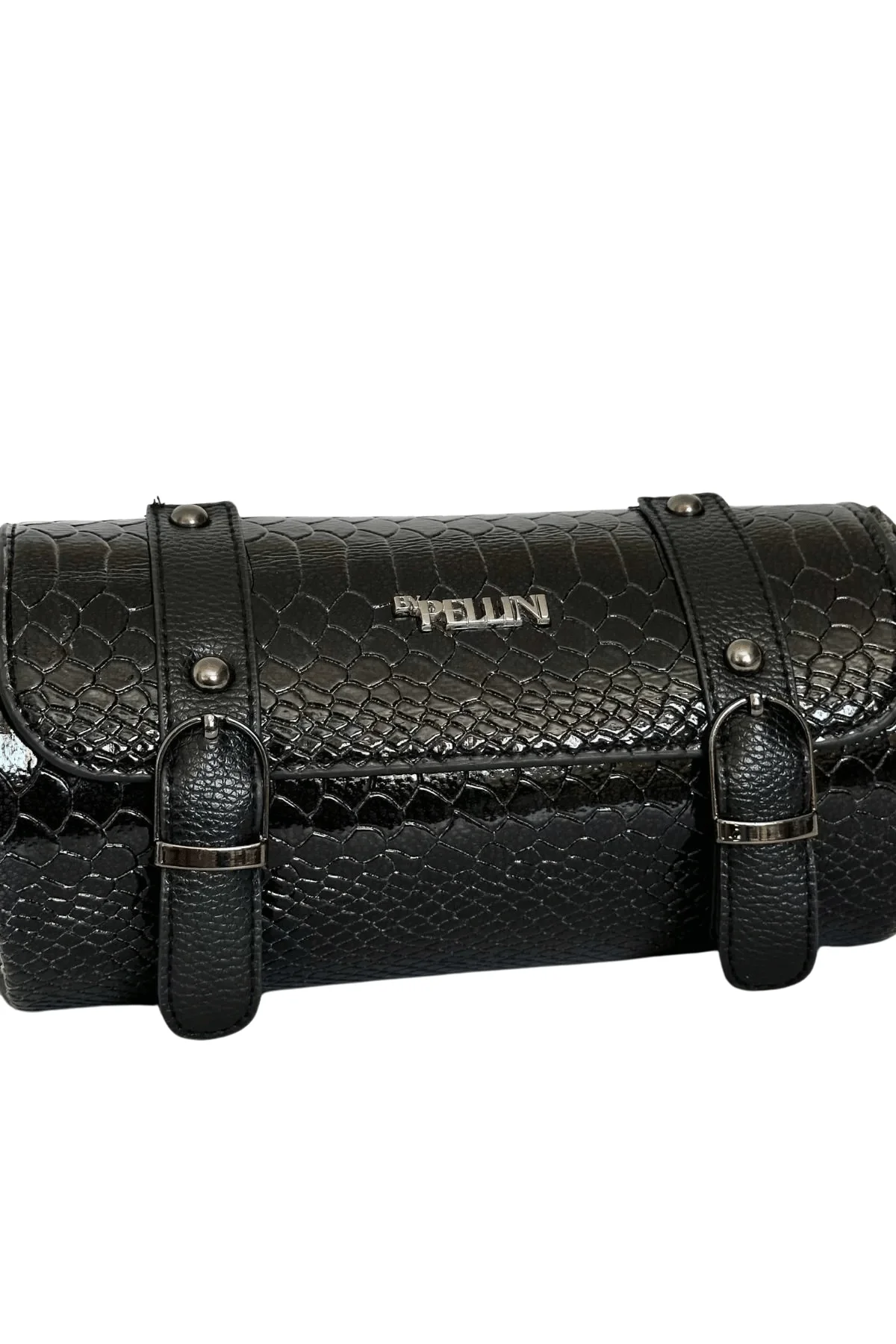 Kadın Suni Deri Silindir Omuz Çantası Siyah Yılan Derisi