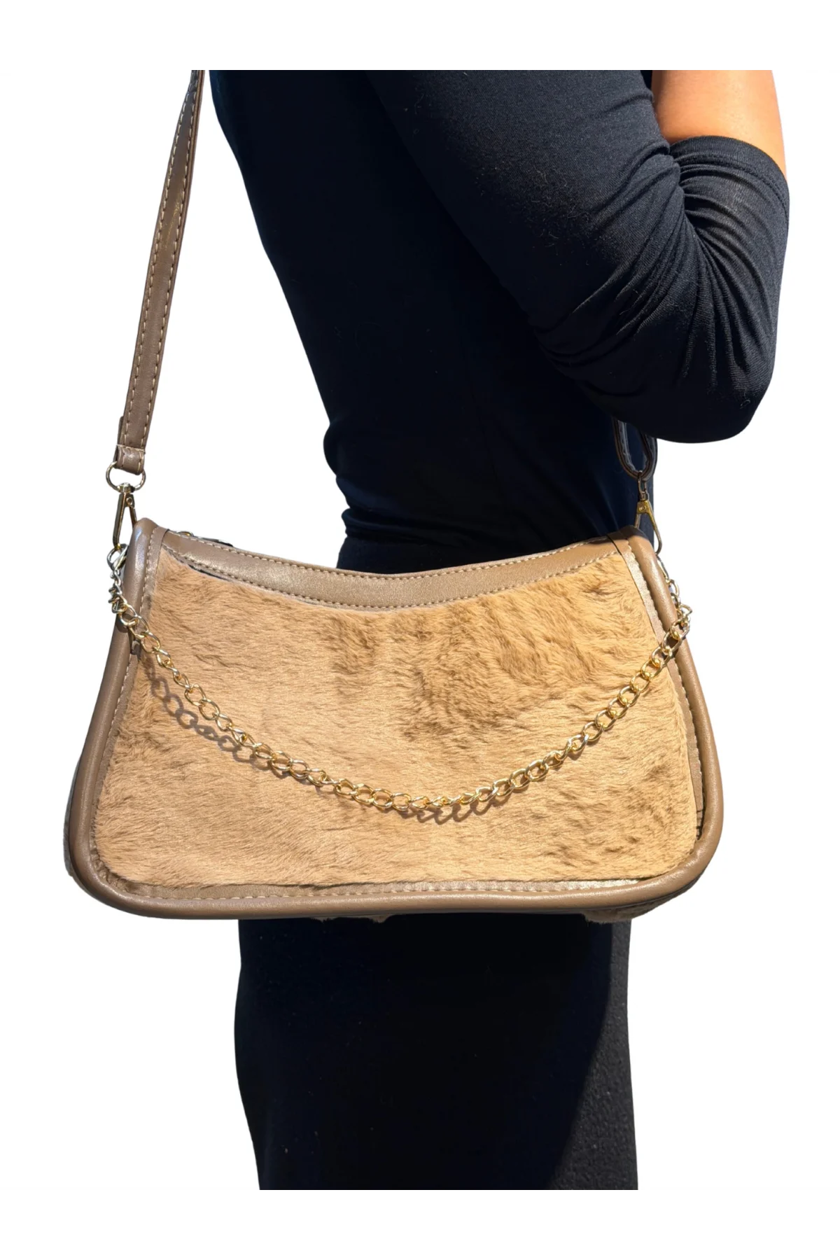 Peluş El Kol Omuz Çantası Krem