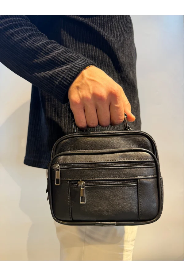 Erkek Hakiki Deri Yatay Siyah Küçük Boy El Çantası