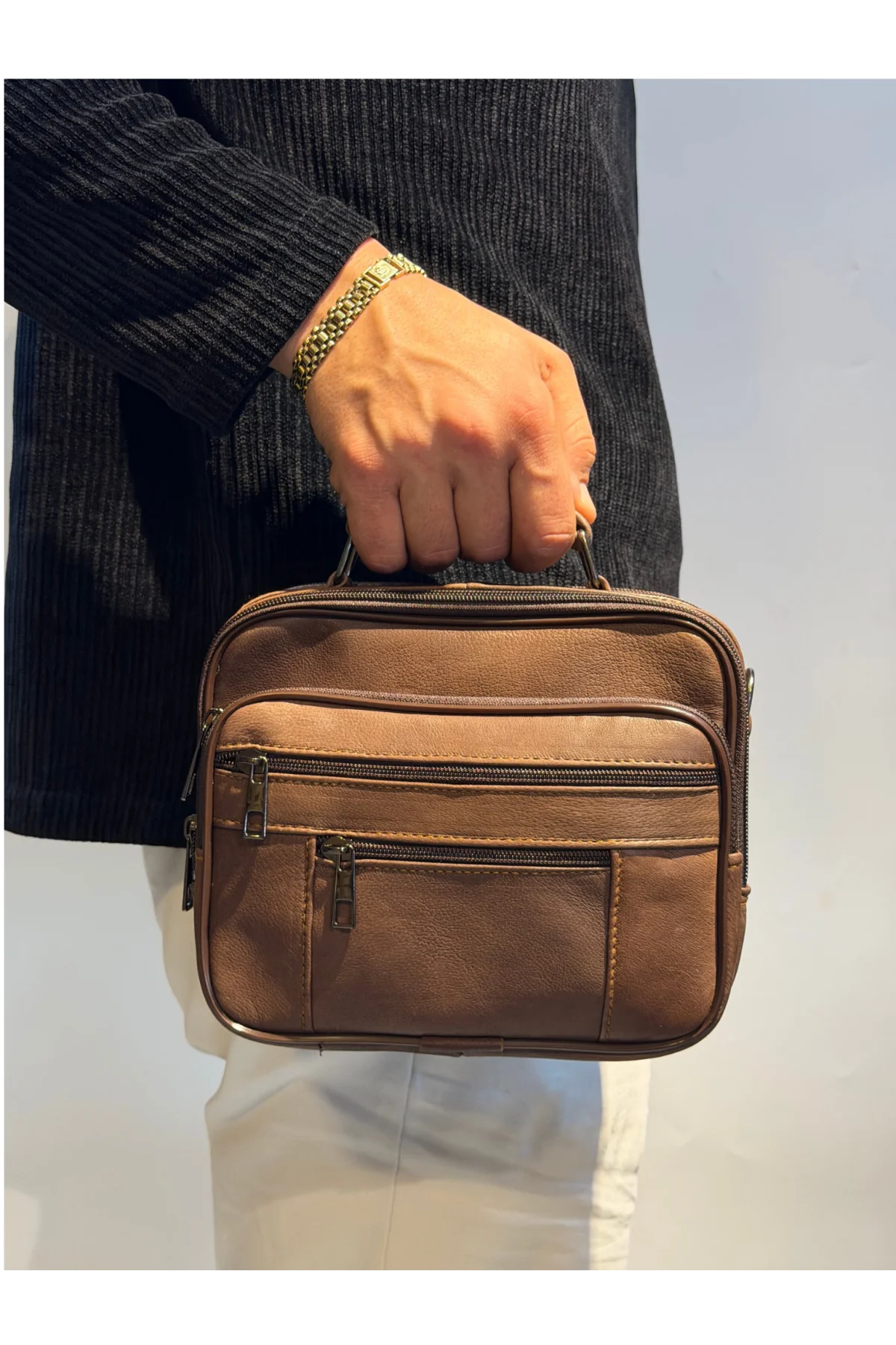 Erkek Hakiki Deri Yatay Kahverengi Orta Boy El Çantası