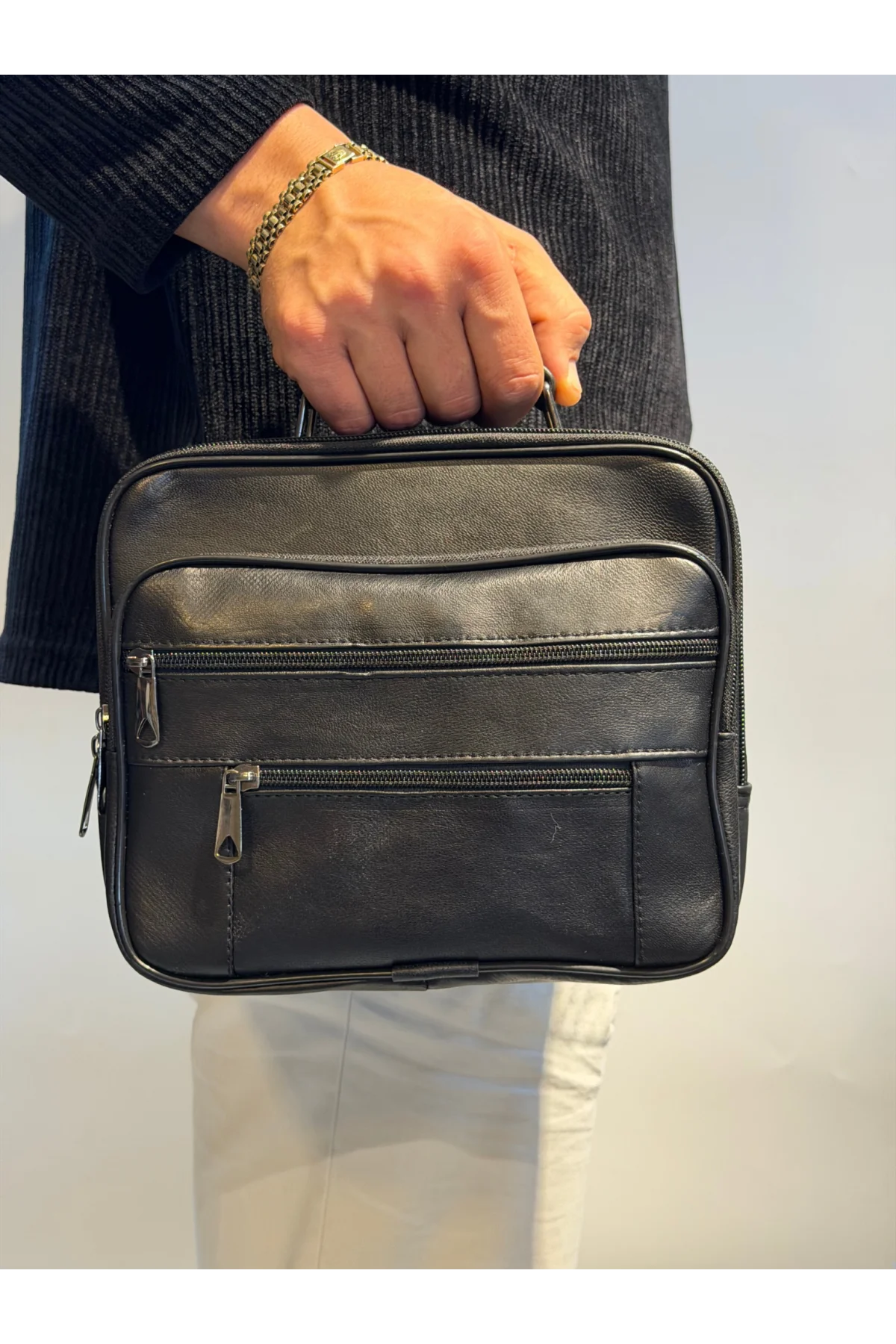 Erkek Hakiki Deri Yatay Siyah Büyük Boy El Çantası