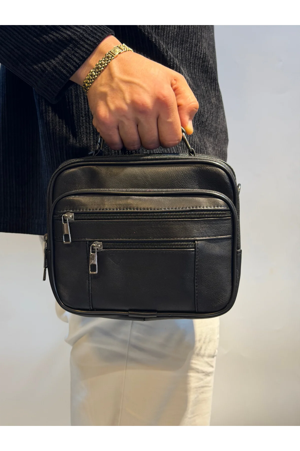 Erkek Hakiki Deri Yatay Siyah Orta Boy El Çantası