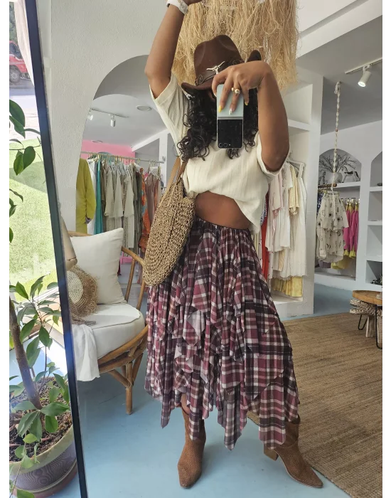 Volanlı Kahve Ekose Etek