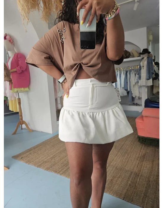 Sütlü Kahve Taşlı Crop Tee