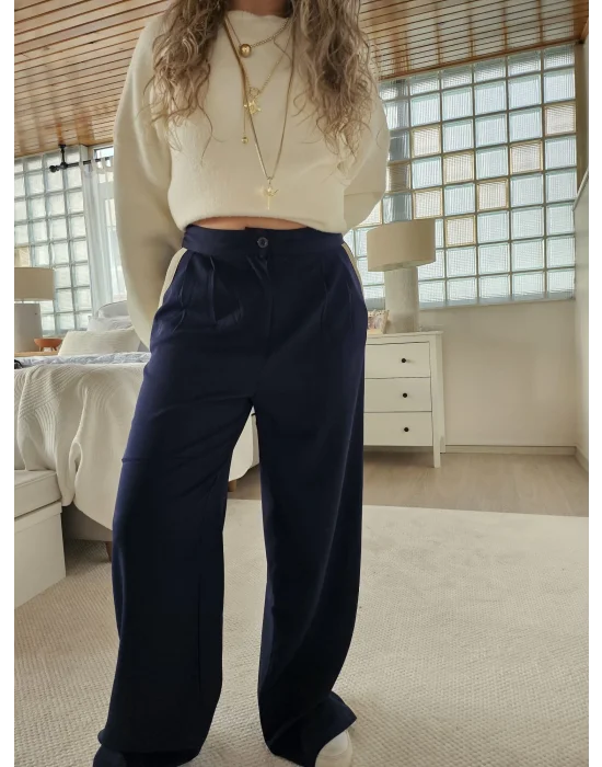 Şeri Detaylı Lacivert Palazzo