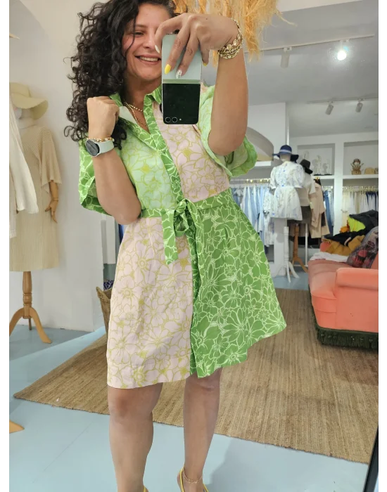 Desenli Keten Gömlek Elbise