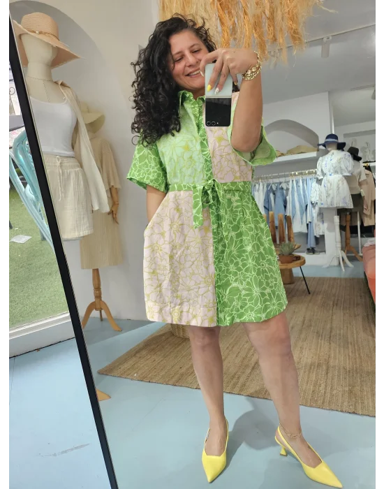 Desenli Keten Gömlek Elbise