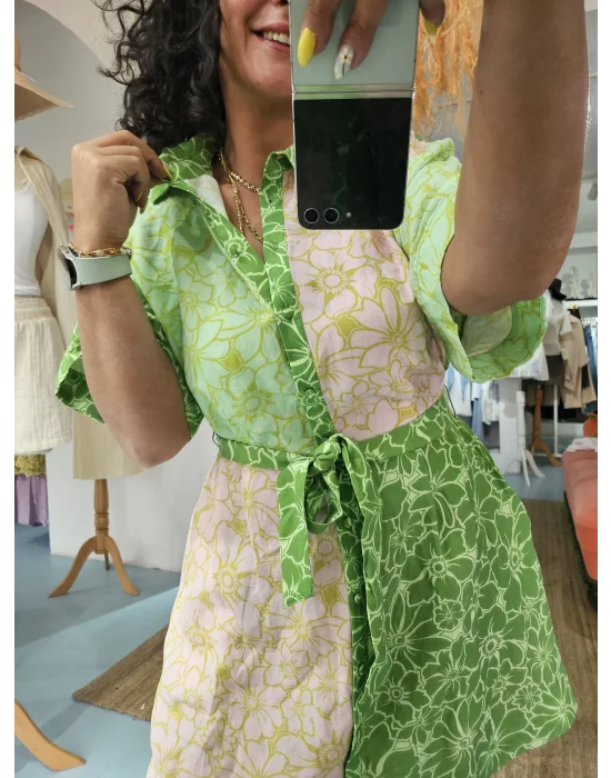 Desenli Keten Gömlek Elbise