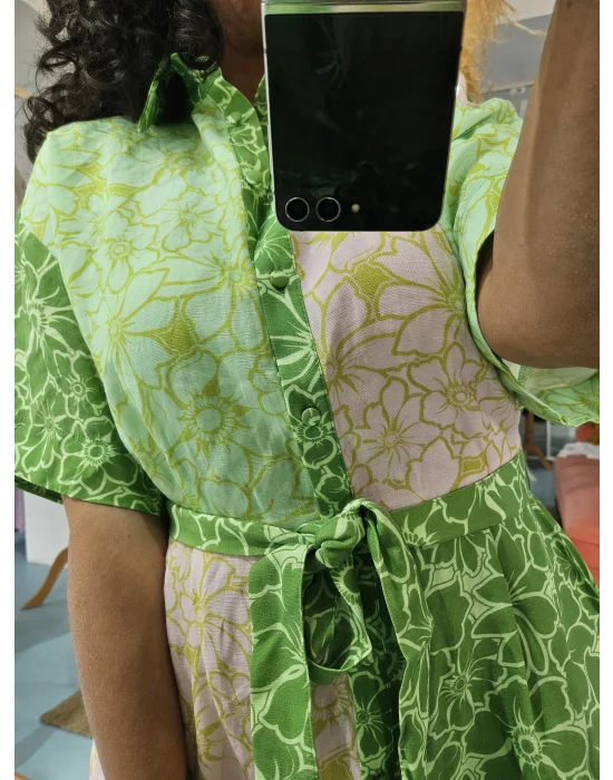 Desenli Keten Gömlek Elbise