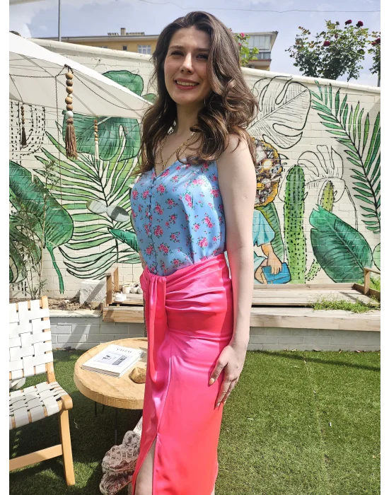 Neon Pembe Saten Etek