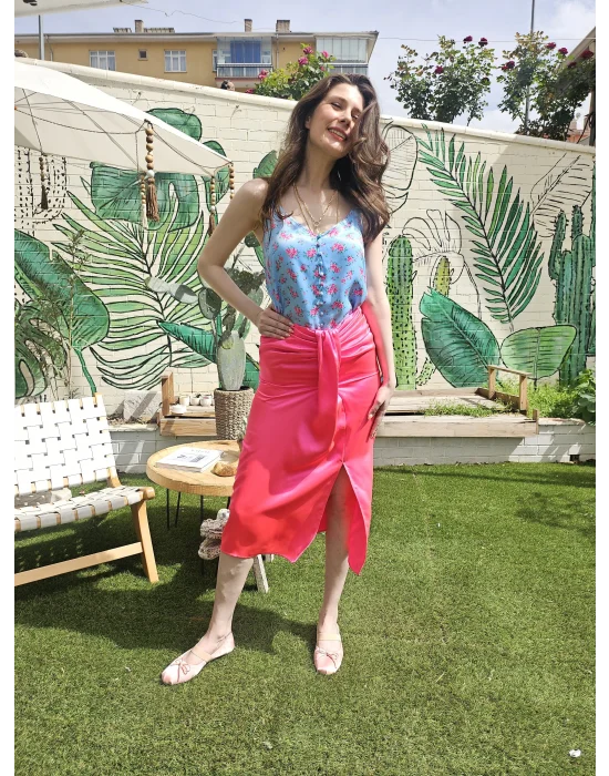 Neon Pembe Saten Etek