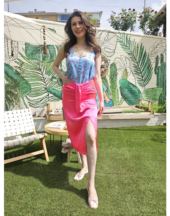 Neon Pembe Saten Etek