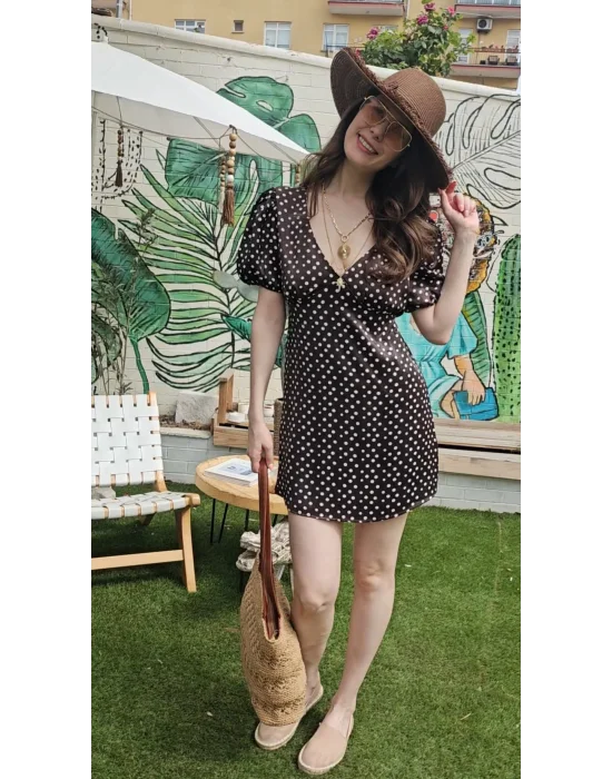 Kahve Puantiyeli Saten Elbise