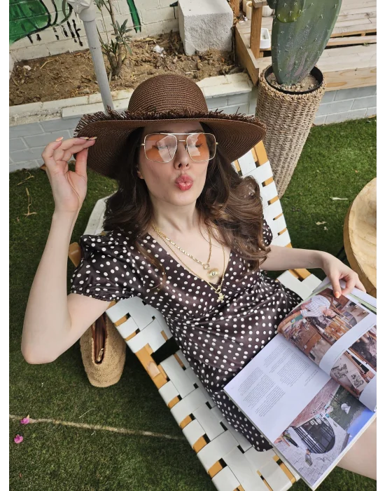 Kahve Puantiyeli Saten Elbise