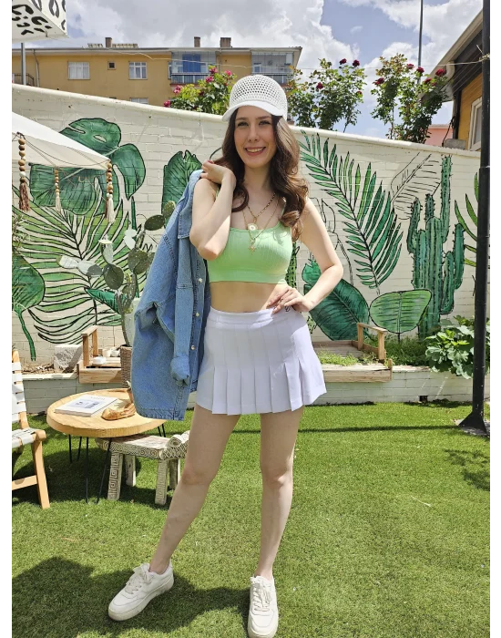 Pileli Beyaz Mini Etek