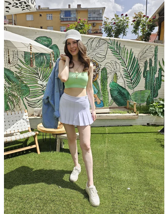 Pileli Beyaz Mini Etek