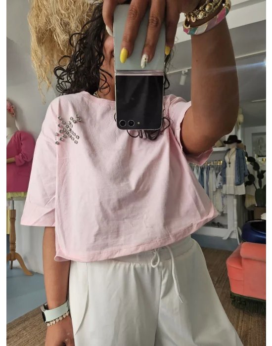 Pembe Taşlı Crop Tee