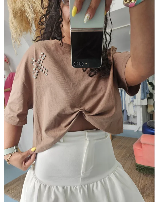 Sütlü Kahve Taşlı Crop Tee