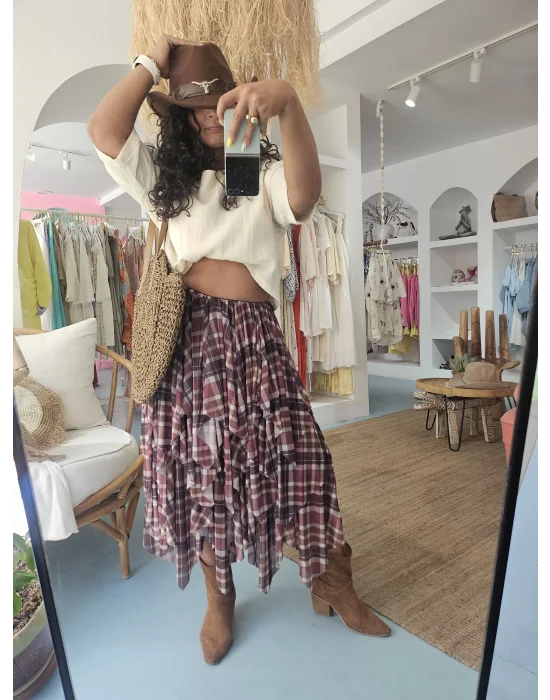 Volanlı Kahve Ekose Etek