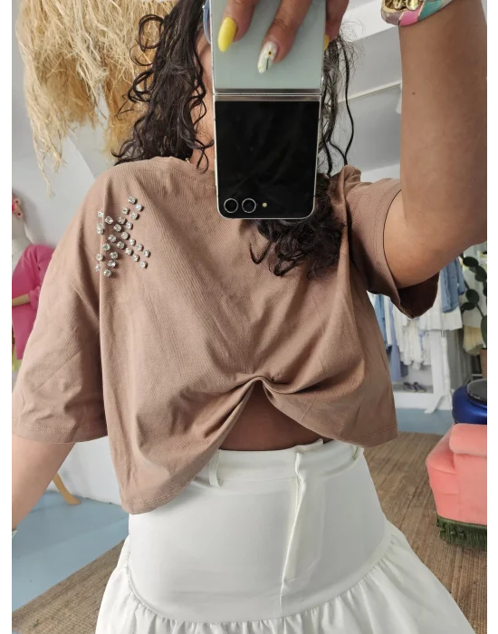 Sütlü Kahve Taşlı Crop Tee