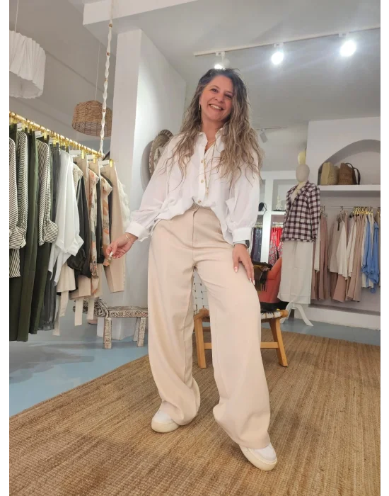 Bel Detaylı Krem Palazzo