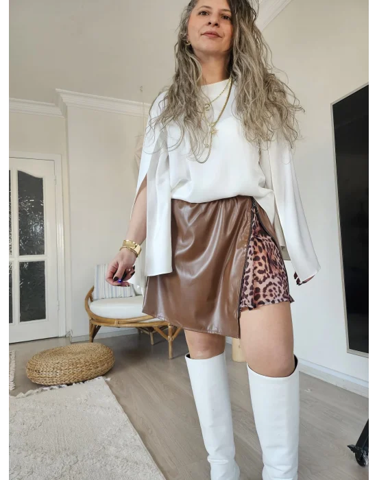 Camel Deri Leopar Detaylı Etek