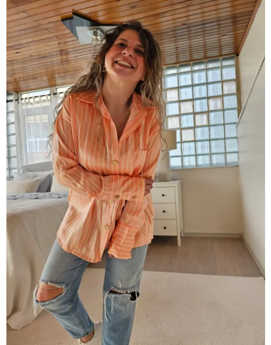 Çizgili Somon Saten Gömlek