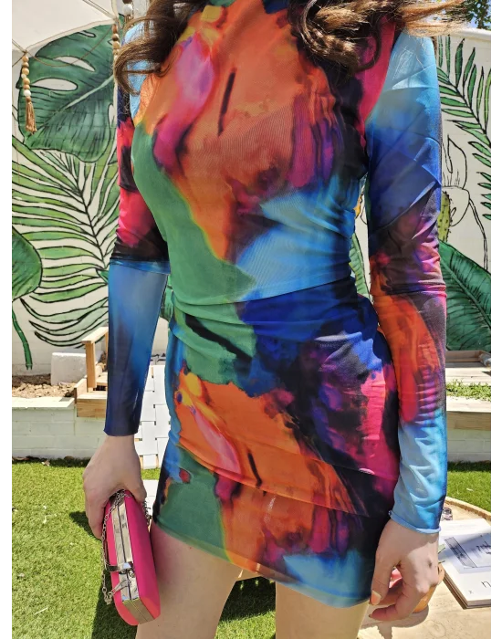 Desenli Astarlı Tül Elbise