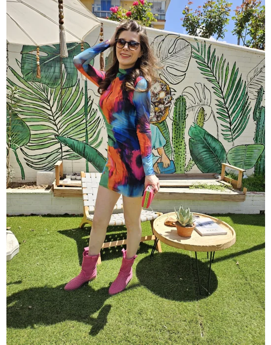 Desenli Astarlı Tül Elbise