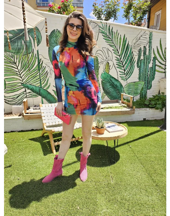 Desenli Astarlı Tül Elbise