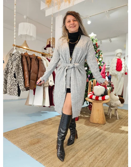 Gri Saç Örgülü Hırka