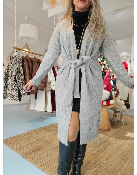 Gri Saç Örgülü Hırka