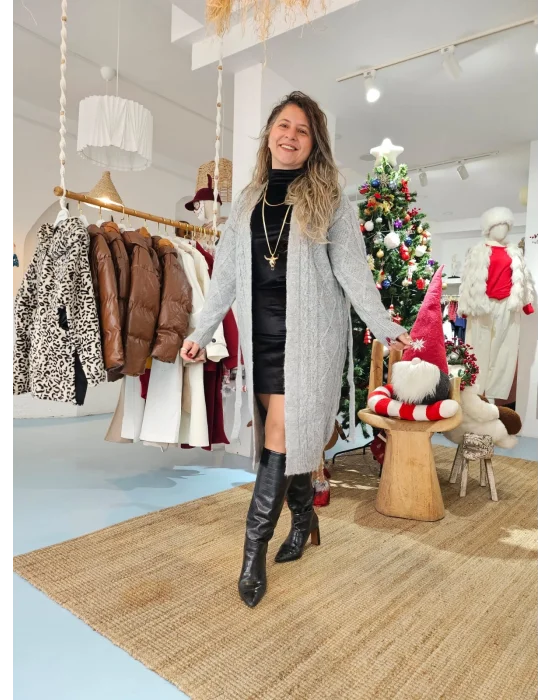 Gri Saç Örgülü Hırka