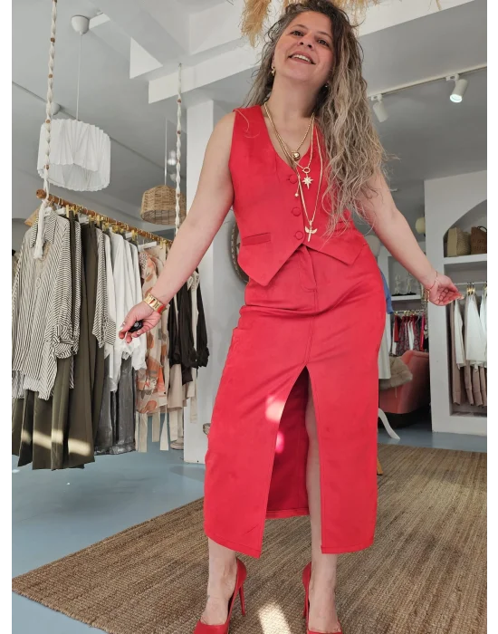 Kırmızı İnce Kadife Yelek