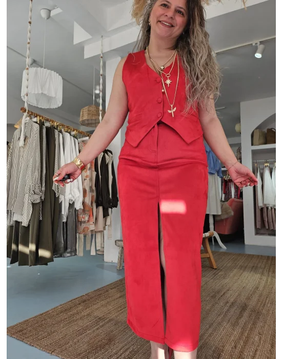 Kırmızı İnce Kadife Yelek