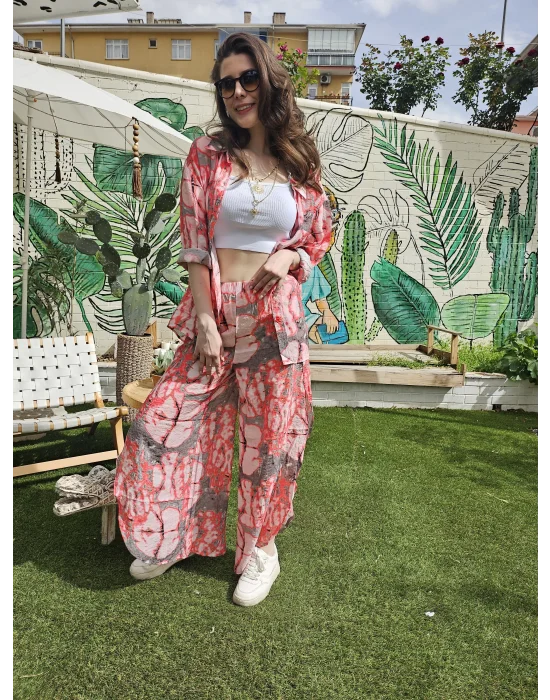 Kırmızı Mango Kumaş Desenli Takım