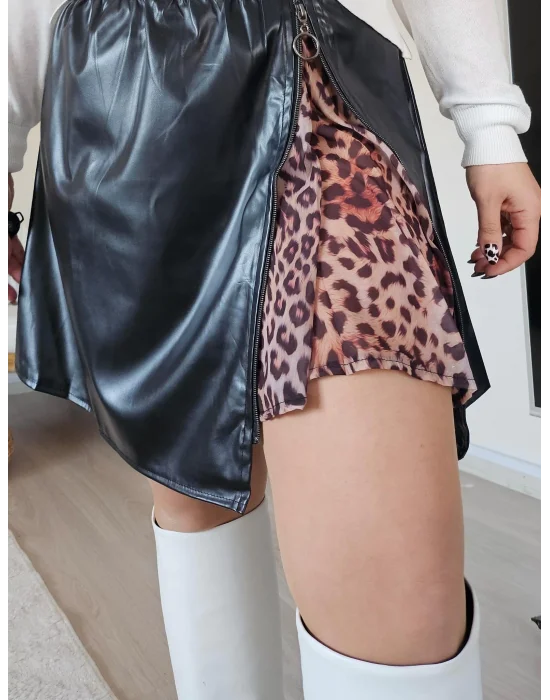 Siyah Deri Leopar Detaylı Etek