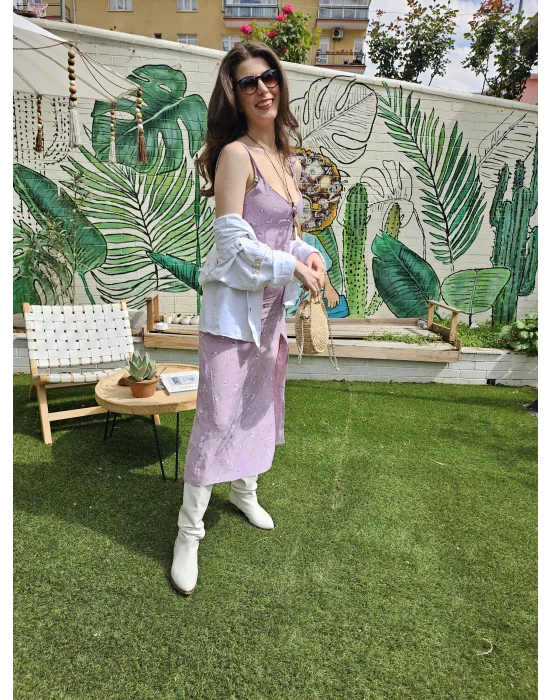 Yırtmaçlı Askılı Midi Elbise