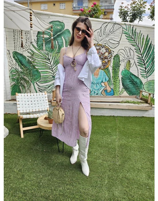 Yırtmaçlı Askılı Midi Elbise