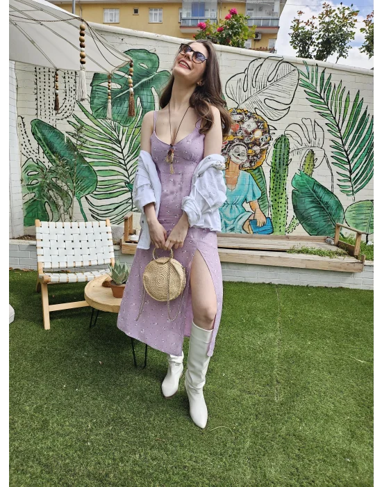 Yırtmaçlı Askılı Midi Elbise