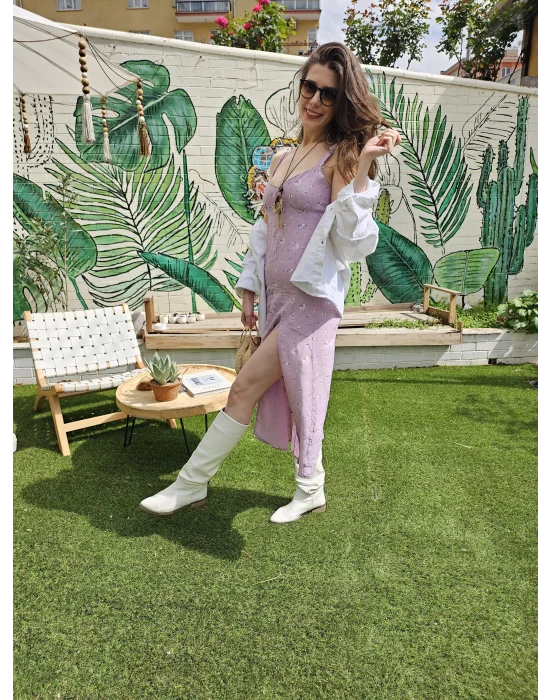 Yırtmaçlı Askılı Midi Elbise