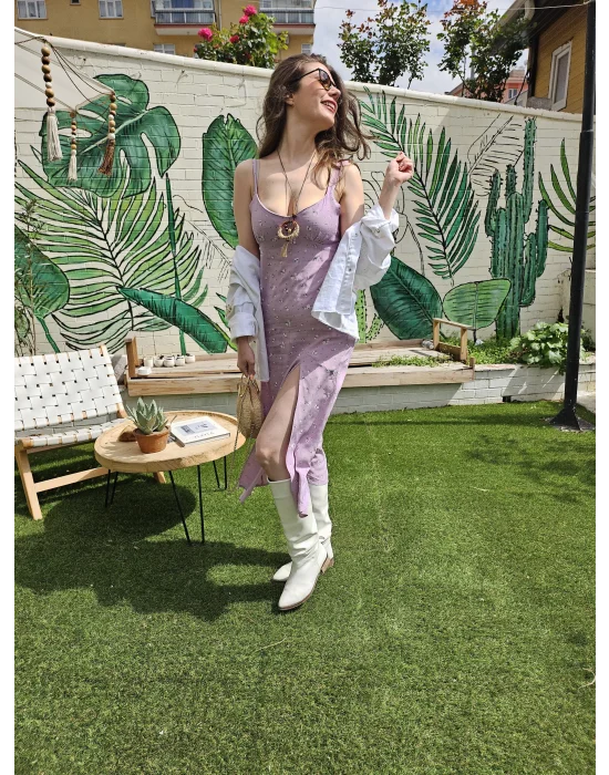 Yırtmaçlı Askılı Midi Elbise