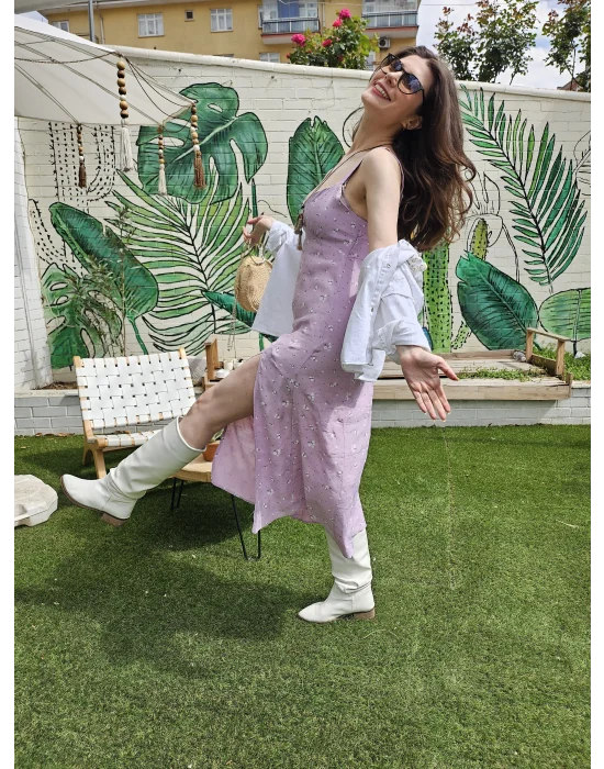 Yırtmaçlı Askılı Midi Elbise