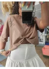 Sütlü Kahve Taşlı Crop Tee
