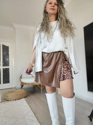 Camel Deri Leopar Detaylı Etek
