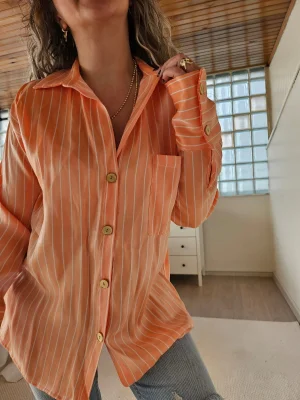 Çizgili Somon Saten Gömlek